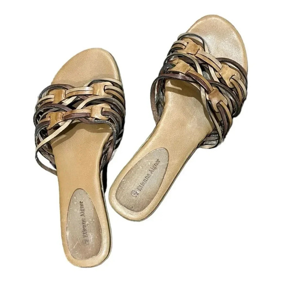 Etienne Aigner Brown Strappy Kitten Heel Slip On Sandals 7 - Picture 1 of 7